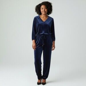 NWT Lauren Ralph Lauren Navy Velvet Jumpsuit Soft Luxe Lounge Chic, Size XL